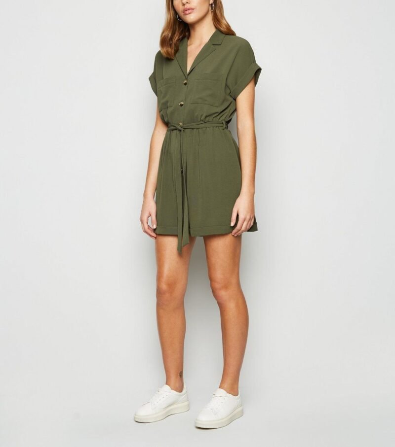 Women's Khaki Crepe Revere Collar Playsuit - Image 2