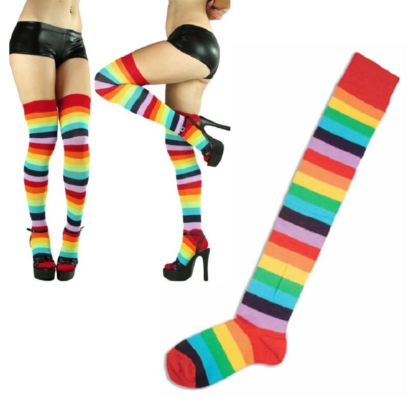 Rainbow Colorful Thigh Long Stripey Stockings Socks - Image 2