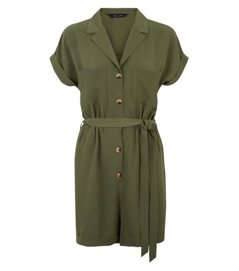 Women's Khaki Crepe Revere Collar Playsuit - Image 4