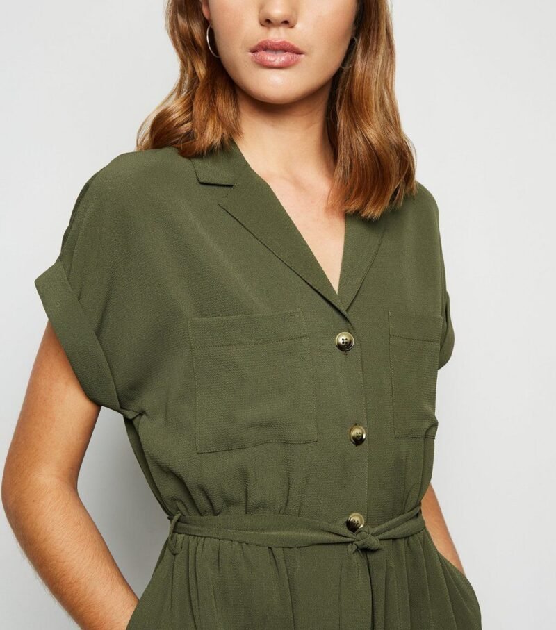 Women's Khaki Crepe Revere Collar Playsuit - Image 5