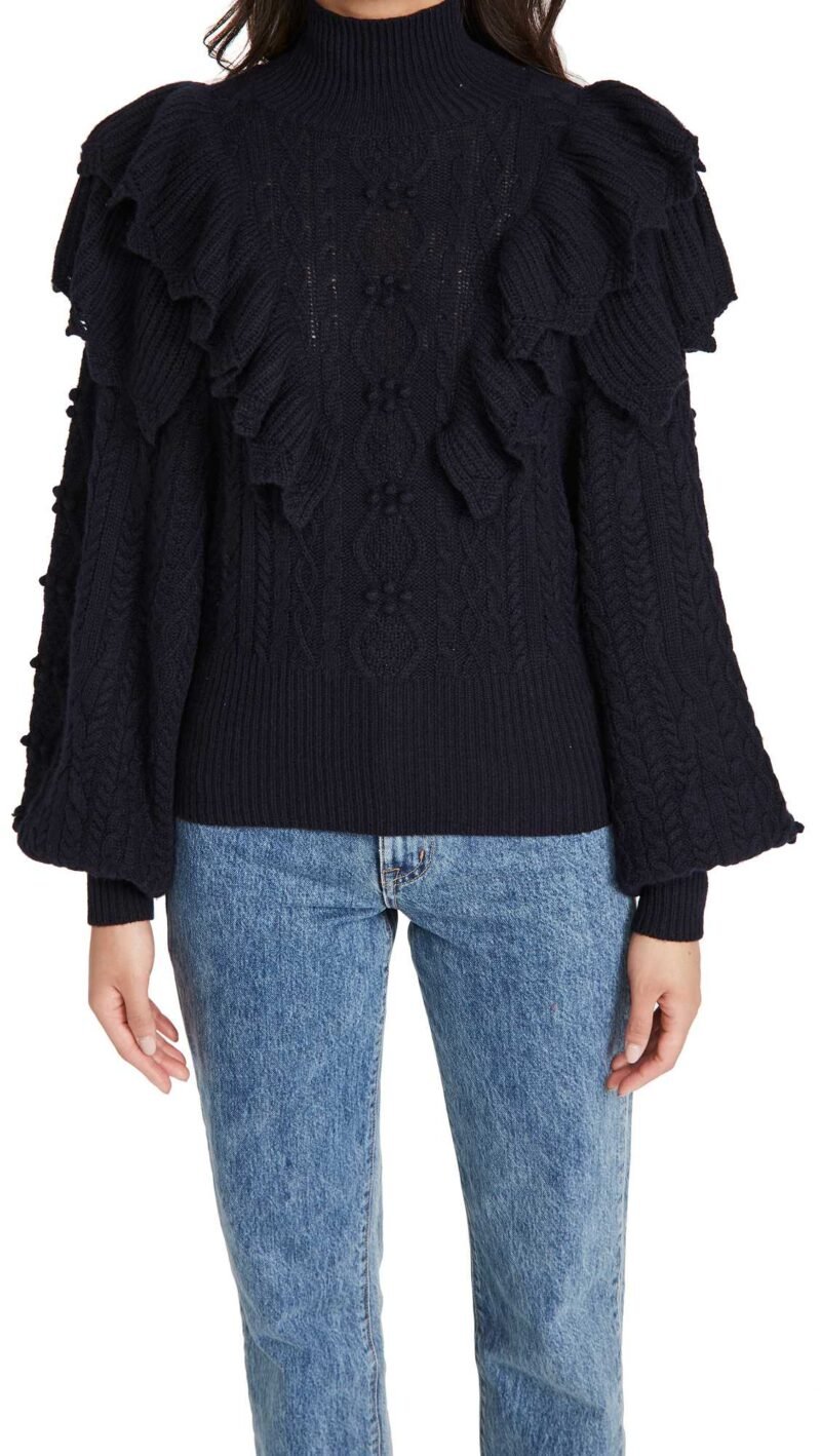 Women's Double Ruffle Fisherman Mock Sweater