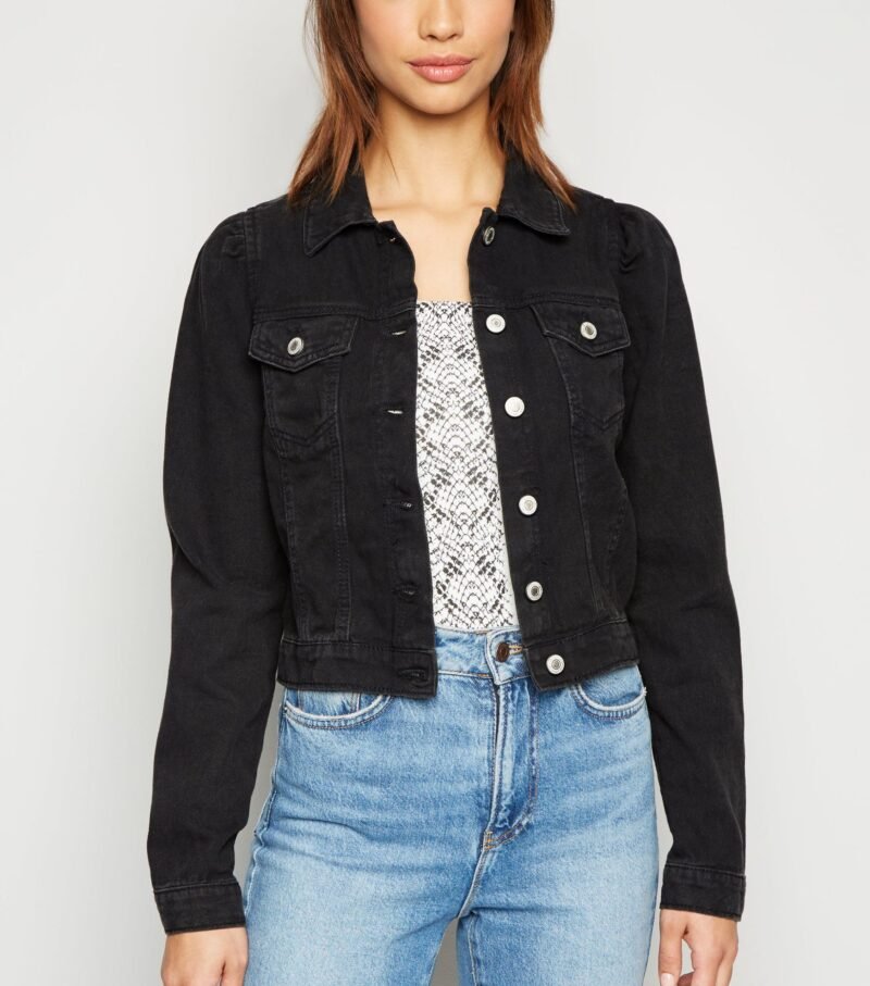 Women's Black Puff Shoulder Crop Denim Jacket