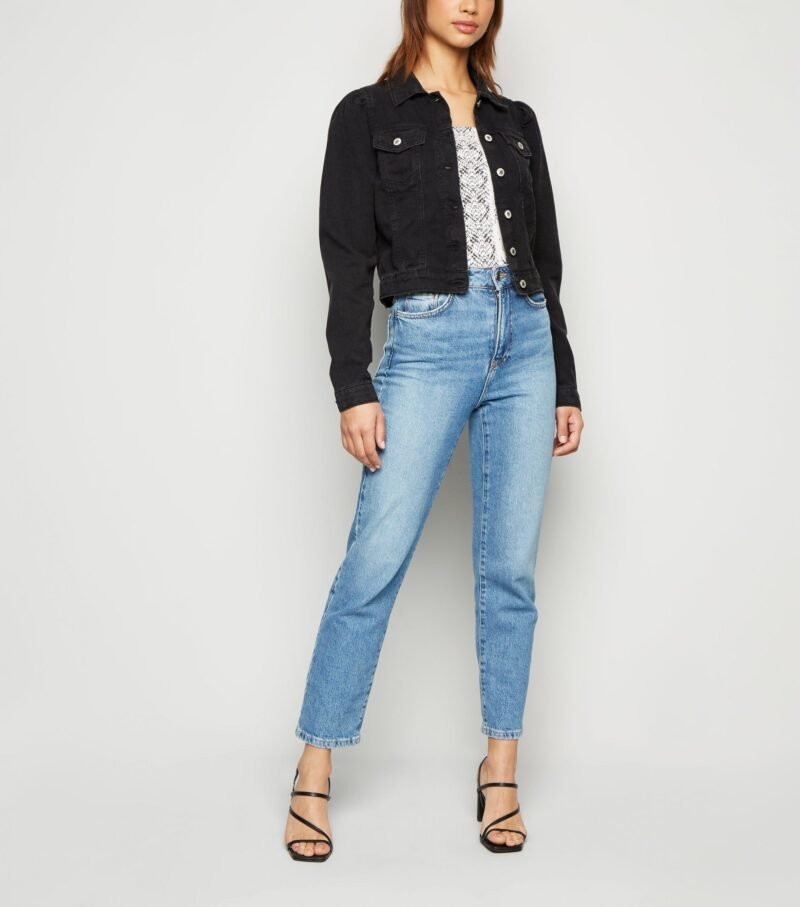 Women's Black Puff Shoulder Crop Denim Jacket - Image 5