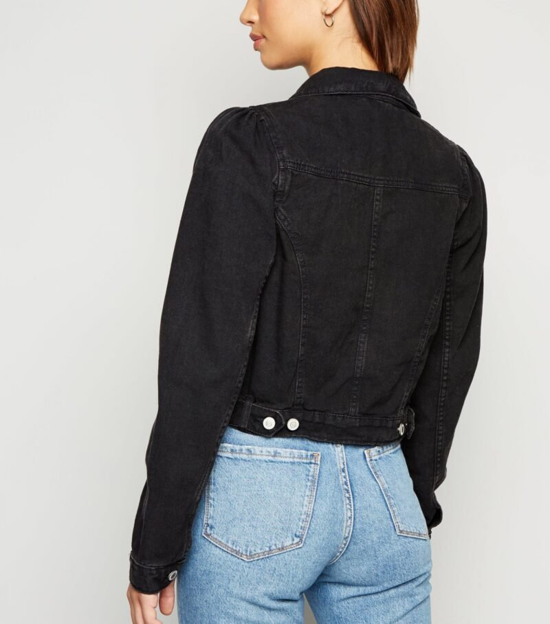 Women's Black Puff Shoulder Crop Denim Jacket - Image 2