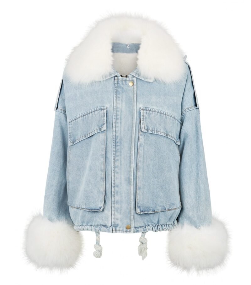 Women's Cameo Rose Blue Faux Fur Trim Denim Jacket - Image 3