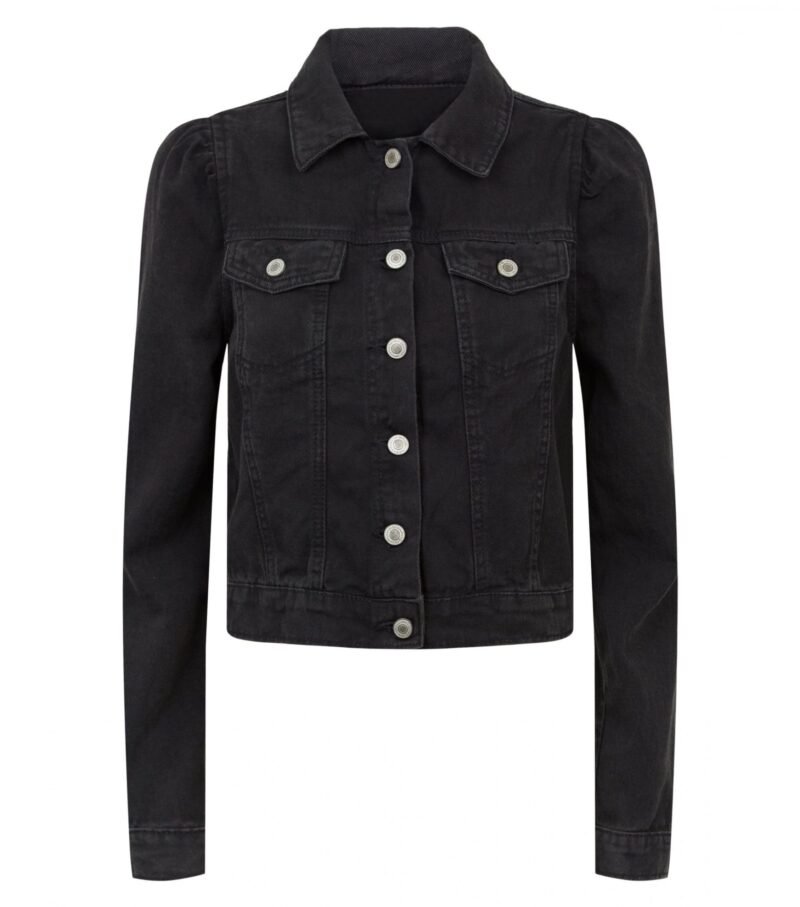 Women's Black Puff Shoulder Crop Denim Jacket - Image 4