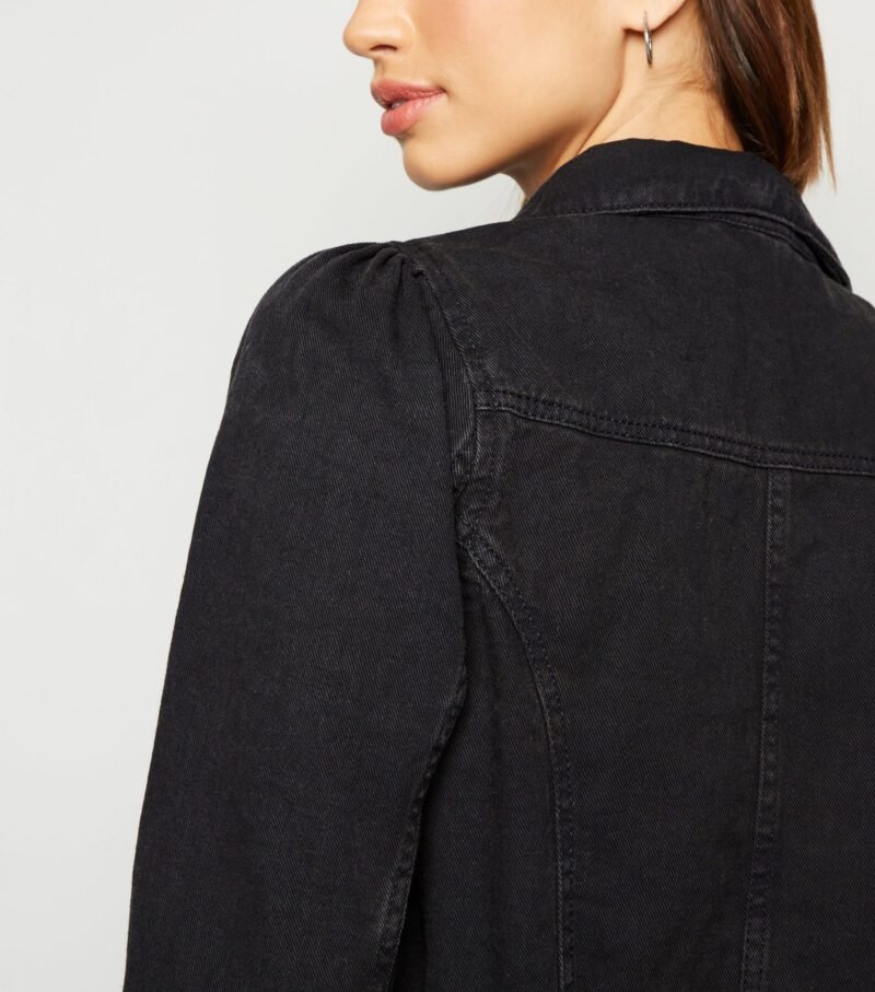 Women's Black Puff Shoulder Crop Denim Jacket - Image 3