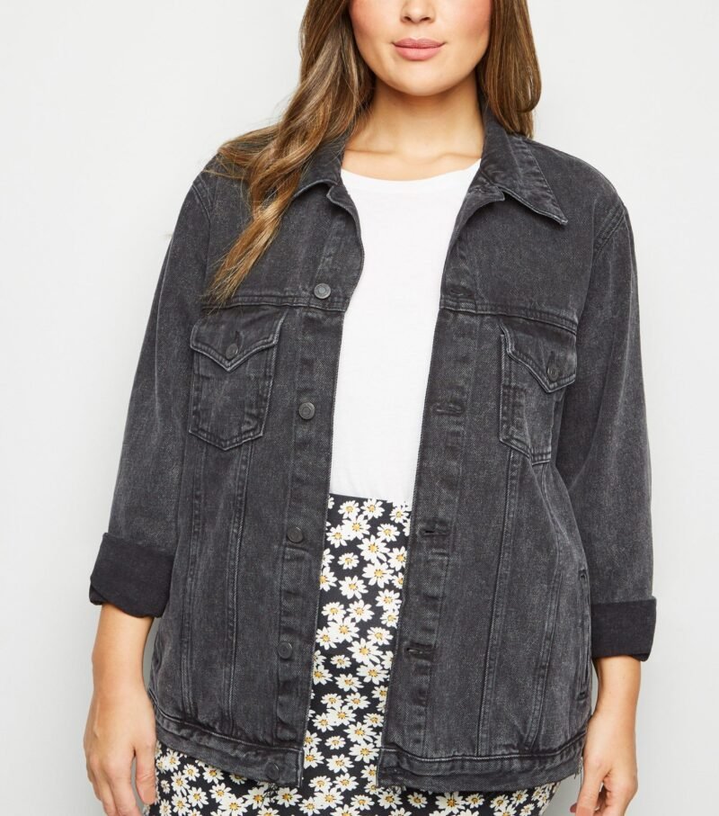 Women's Curves Black Acid Wash Oversized Denim Jacket - Image 5