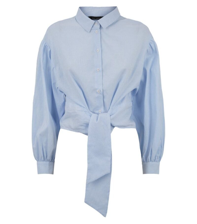 Womens Blue Stripe Puff Sleeve Tie Front Shirts - Image 3